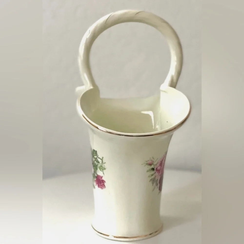 Formalities by Baum Bros Vintage Ceramic Floral Rose Basket Vase Trimmed in Gold